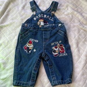 Vintage baby denim Jean overalls Baseball teddy size 3-6 months embroidered